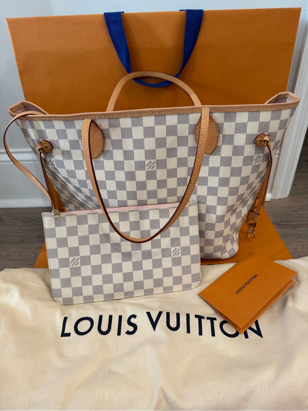 Louis Vuitton Neverfull MM Damier Azur/Rose Ballerine with pouch
